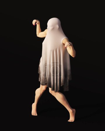 Foto de Fantasma figura fantasma mujer Halloween danza embrujada paranormal hoja blanca mortaja alta vista izquierda 3d ilustración renderizado digital - Imagen libre de derechos