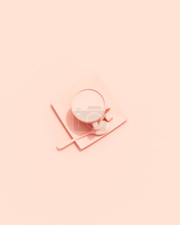 Foto de Rosa rosa té café taza platillo cuchara diseño elemento rosa melocotón fondo 3d ilustración renderizado digital - Imagen libre de derechos