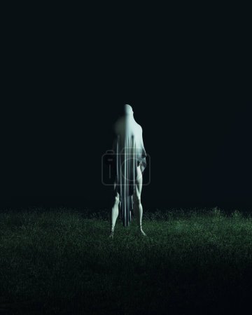Foto de Fantasma figura fantasma mujer Halloween espeluznante horror ocultista paranormal sábana blanca mortaja 3d ilustración renderizado digital - Imagen libre de derechos