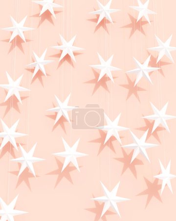 Téléchargez les photos : Étoiles moderne Noël fond vacances décoré blanc rose pêche rose ornements 3d illustration rendre rendu numérique - en image libre de droit