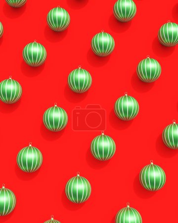 Foto de Navidad bolas verde blanco rayas papel pintado rojo fondo decoración 3d ilustración renderizado digital - Imagen libre de derechos