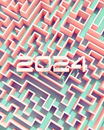 Photo for Futuristic pink turquoise 2024 typography with maze background bright chunky 3d typescript 3d illustration render digital rendering New Year 2024 Backgrounds - Royalty Free Image