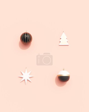 Téléchargez les photos : Décorations de Noël modernes rose rose boules décorées étoile arbre de Noël or blanc noir illustration 3d rendre rendu numérique - en image libre de droit