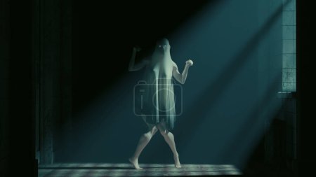 Foto de Fantasma figura fantasma asilo abandonado luna luz niebla embrujada mujer paranormal horror Halloween 3d ilustración renderizado digital - Imagen libre de derechos
