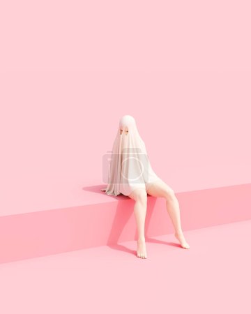 Ghostly figure bedsheet ghost woman white sheet cutout holes thick legs sitting on a wall Japanese style pink background quarter right side view 3d illustration render digital rendering