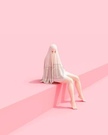 Gespenstische Figur Bettlaken Geist Frau weiß Blatt Ausschnitt Löcher dicke Beine sitzen auf einer Wand japanischen Stil rosa Hintergrund Viertel rechts Seitenansicht 3D-Illustration rendern digitale Rendering