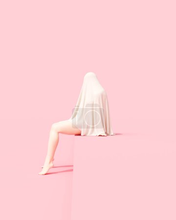 Gespenstische Figur Bettlaken Geist Frau weiß Blatt Ausschnitt Löcher dicke Beine sitzen auf einer Wand japanischen Stil rosa Hintergrund linke Seitenansicht 3D-Illustration rendern digitale Rendering