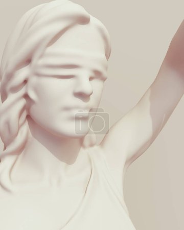 Téléchargez les photos : Lady justice yeux bandeau système judiciaire visage féminin sculpture tête figure élégante femme illustration 3D rendre rendu numérique - en image libre de droit