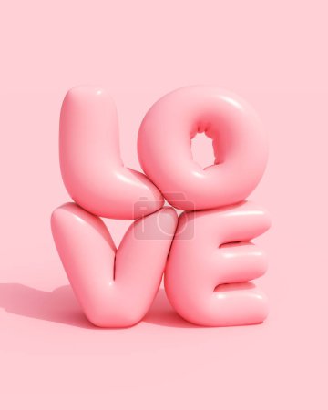 Foto de Rosa amor inflado brillante globo de San Valentín mensaje palabra tarjeta de texto 3d ilustración renderizado digital - Imagen libre de derechos