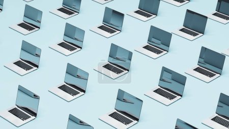 Foto de Laptop portátil red comunicación isométrica cuadrícula diseño pálido azul fondo ciberseguridad internet seguridad 3d ilustración renderizado digital - Imagen libre de derechos