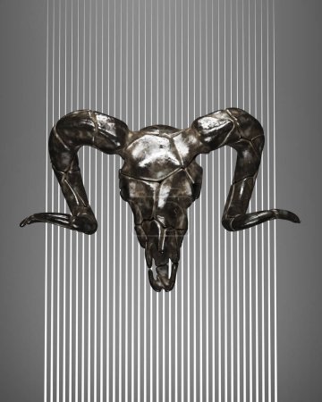 Ram skull old dusty metal iron Halloween illuminati voodoo sculpture 3d illustration render digital rendering