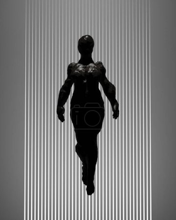 Foto de Figura flotante de escultura de hierro viejo y polvoriento femenino silueta negra ilustración 3d renderizado digital - Imagen libre de derechos