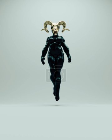 Téléchargez les photos : Crâne de bélier en or féminin noir sculpture voluptueuse abstraite mystérieuse silhouette paranormale corps pose illustration 3D rendre rendu numérique - en image libre de droit