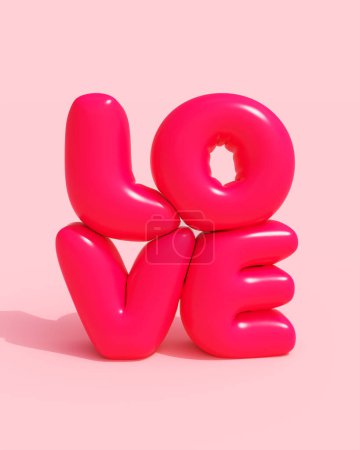 Téléchargez les photos : Rose rouge amour gonflé brillant valentin ballon message mot texte carte 3d illustration rendre rendu numérique - en image libre de droit