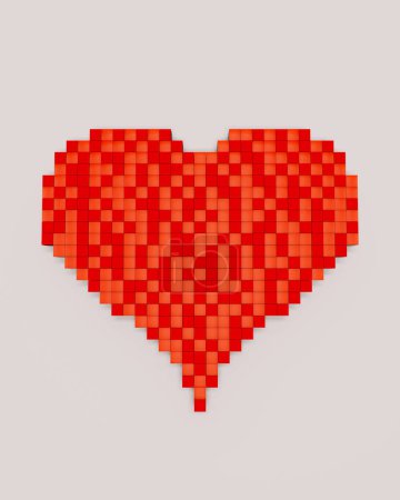 Téléchargez les photos : Rouge pixel cube amour coeur Saint Valentin romance romantique gris fond 3d illustration rendre rendu numérique - en image libre de droit