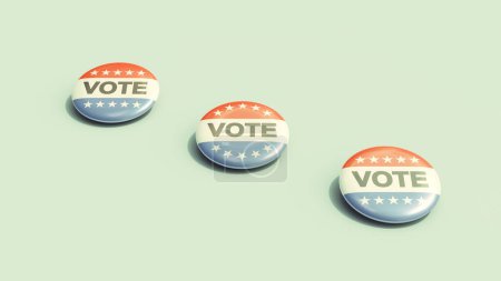 Foto de Vote insignia botón pin insignias 2024 Noviembre Estados unidos elecciones presidenciales rojo blanco azul 3d ilustración renderizado digital - Imagen libre de derechos
