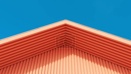 Foto de Arquitectura melocotón exterior listones de madera diseño estilo de vida azul cielo sol abstracto minimalista vida 3d ilustración renderizado digital - Imagen libre de derechos