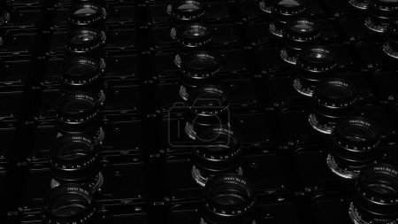 Téléchargez les photos : Objectif appareil photo plat poser vieux film rétro vintage noir blanc photographie fond 3d illustration rendre rendu numérique - en image libre de droit