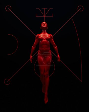 Téléchargez les photos : Vénus rouge femme corps musculaire symbole démon nu diable noir illustration 3d rendre rendu numérique - en image libre de droit