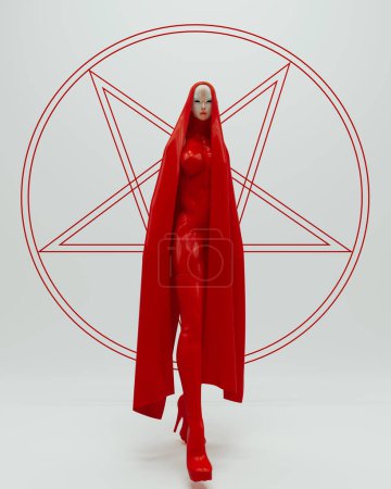 Satan rot weiß groß Frau Teufel Dämon Symbol schwarze Magie Pentagramm Halloween 3D-Illustration Render Digital Rendering