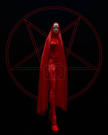 Satan rot schwarz groß Frau Teufel Dämon Symbol schwarze Magie Pentagramm Halloween 3D-Illustration Render Digital Rendering