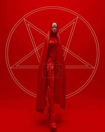 Téléchargez les photos : Satan rouge grande femme diable démon blanc symbole noir magie pentagramme Halloween 3d illustration rendre rendu numérique - en image libre de droit