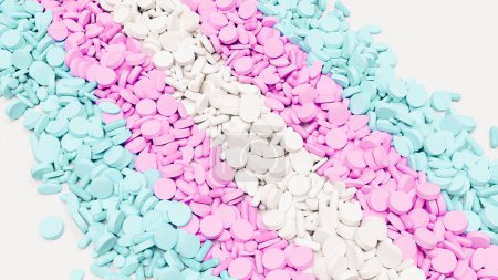 Baby rosa blau weiß Transgender-Medikament Testosteron Östrogen Gesundheitsfürsorge gefährliche Medikamente, die 3D-Illustration machen digitales Rendering