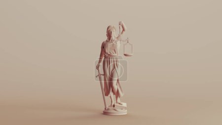 Dame Justiz Justizsystem klassische Statue Frau weiche Töne beige braun Hintergrund Vorderansicht 3d Illustration rendern digital rendering