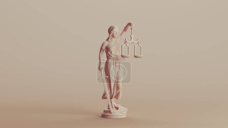 Señora justicia sistema judicial clásico estatua mujer tonos suaves beige marrón fondo cuarto vista derecha 3d ilustración renderizado digital