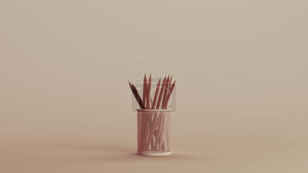 Foto de Escritorio de lápiz titular ordenado escuela de oficina fondos neutros tonos suaves beige marrón 3d ilustración renderizado digital - Imagen libre de derechos