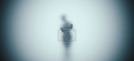 Foto de Figura femenina paranormal negra inclinada niebla vidrio esmerilado horror halloween silueta 3d ilustración renderizado digital - Imagen libre de derechos