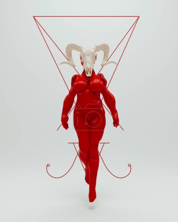 Luzifer rote Frau weißer Ziegenschädel wollüstiger Dämon Teufel schwarze Magie Symbol weißer Hintergrund 3d Illustration Render Digital Rendering