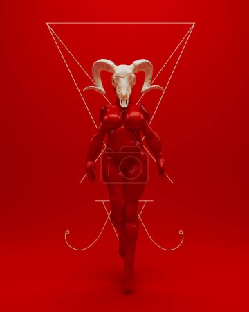 Luzifer rote Frau weißer Ziegenschädel wollüstiger Dämon Teufel schwarze Magie Symbol roter Hintergrund 3d Illustration Render Digital Rendering