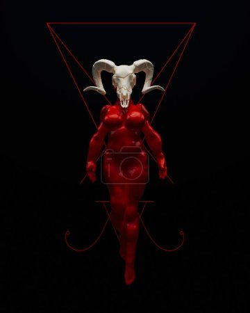 Luzifer rote Frau weißer Ziegenschädel wollüstiger Dämon Teufel schwarze Magie Symbol schwarzer Hintergrund 3d Illustration Render Digital Rendering