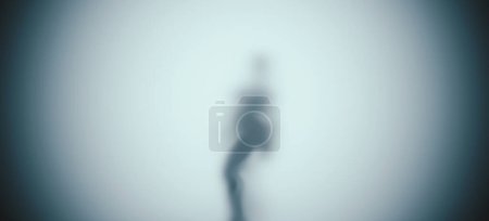 Téléchargez les photos : Figurine féminine paranormale noire pose brouillard verre givré horreur Halloween silhouette 3d illustration rendre rendu numérique - en image libre de droit