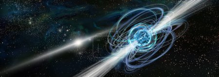 Paisaje espacial. Ilustración 3D de magnetar, estrella de neutrones con potente campo magnético en un fondo del espacio profundo y galaxia espiral. Concepto artístico