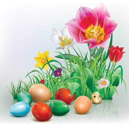 Colored Easter eggs in the foreground of spring grass and tulips. Vector curves and mesh illustration
