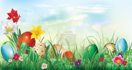Easter eggs lie in the grass with flowers on the background of a spring landscape. Vector curves and mesh illustration