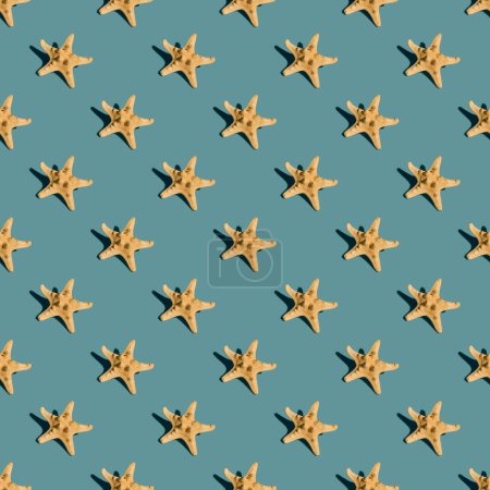 Photo for Starfish on green background with shadows. Seamless pattern, summer vacation banner concept - Royalty Free Image