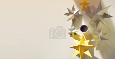 Foto de White cup of hot coffee, Christmas decorations stars with long shadows on gray background. Sustainable eco lifestyle. DIY home decor from eco friendly reusable materials. Space for text. Banner. Sustainable Holidays - Imagen libre de derechos