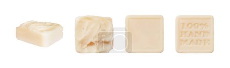 Photo for Set of natural creamy rice soap isolated on white background. Handmade soap made from rice oil, coconut oil, grape seed oil and hemp oil. Clipping path - Royalty Free Image