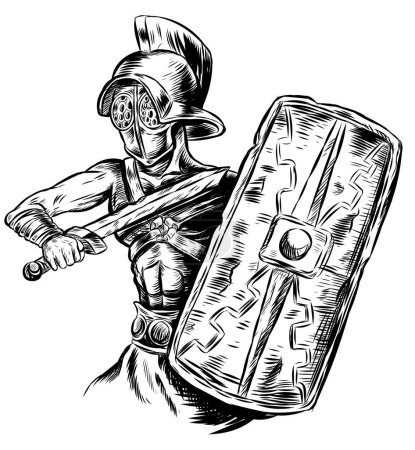 Téléchargez les illustrations : Gladiateur guerrier noir et blanc .vectoriel iillustration - en licence libre de droit