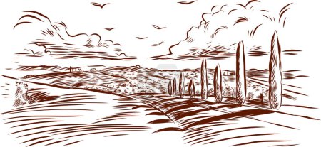 Téléchargez les illustrations : Paysage rural panoramique. Illustration dessinée à la main dans le style de gravure. - en licence libre de droit