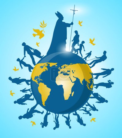 Téléchargez les illustrations : Le pape à travers le monde avec les fidèles. sur fond de ciel - en licence libre de droit