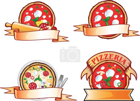 Téléchargez les illustrations : Set d'étiquettes de pizza. Pizzeria logo design cuisine italienne. illustration vectorielle - en licence libre de droit