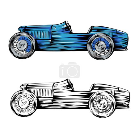 Téléchargez les illustrations : Design de voiture de course vintage bleu isolé sur un fond blanc. illustration vectorielle - en licence libre de droit
