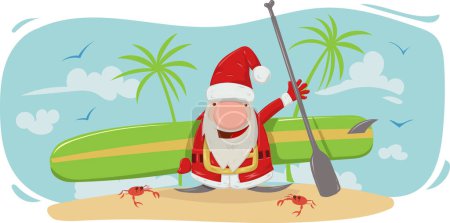 Téléchargez les photos : Santa claus avec stand up paddle dessin animé sur fond d'été. illustration vectorielle - en image libre de droit