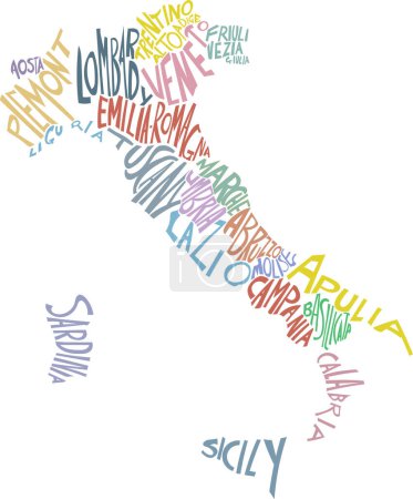 Téléchargez les illustrations : Carte de l'Italie avec états. Affiche carte de l'Italie avec les noms d'État. illustration vectorielle - en licence libre de droit