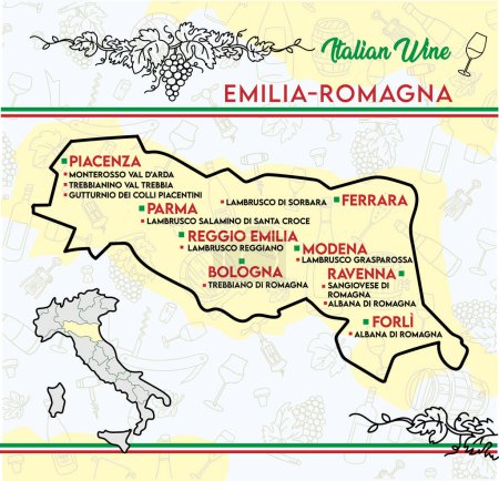 Téléchargez les photos : Carte des vins typiques d'Émilie-Romagne, Italie. illustration vectorielle - en image libre de droit