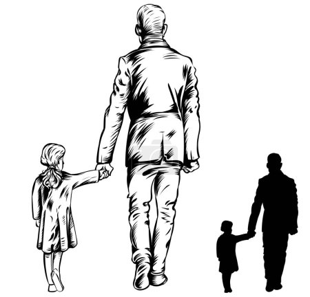 Téléchargez les photos : Silhouette de père qui marche avec sa fille de dos. illustration vectorielle - en image libre de droit